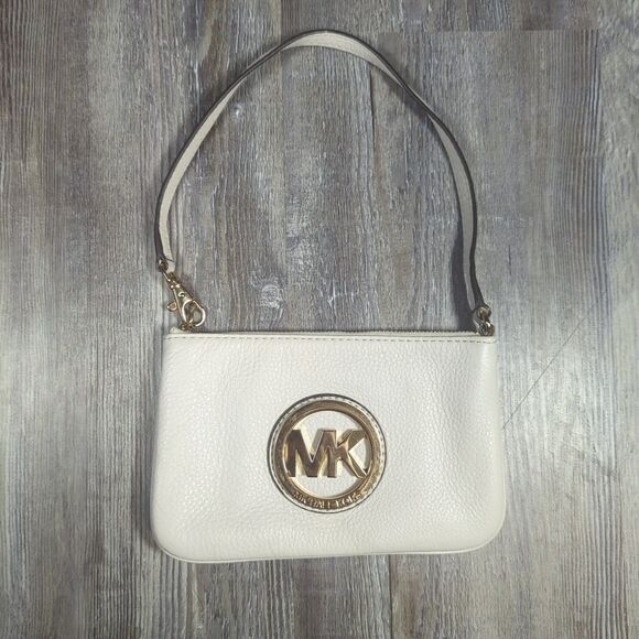 Michael Kors Fulton Wristlet Cream And Gold Zip Wallet MK Mini Purse - Picture 7 of 12